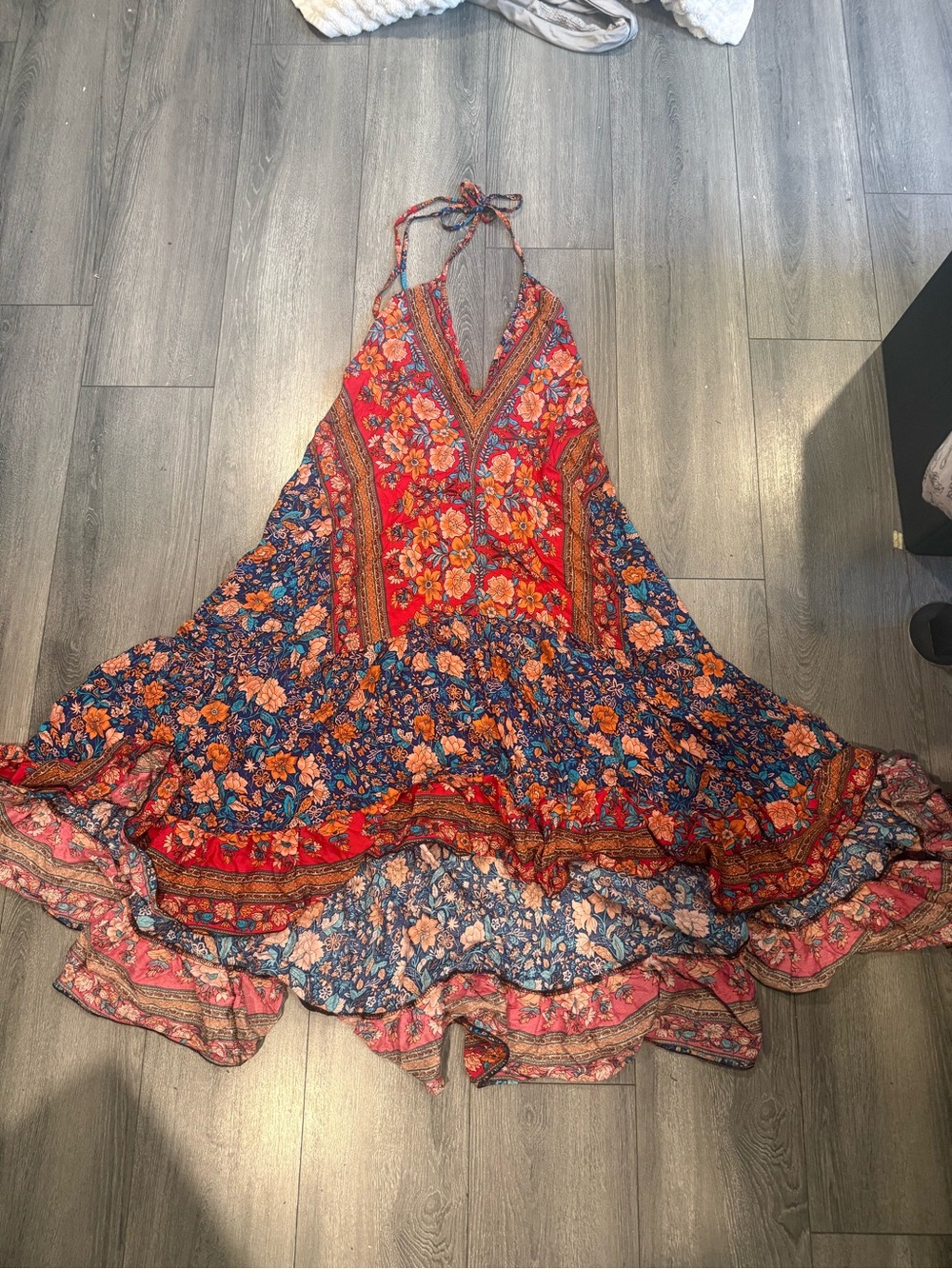 Bohemian Floral Halter Maxi Dress in Red & Blue